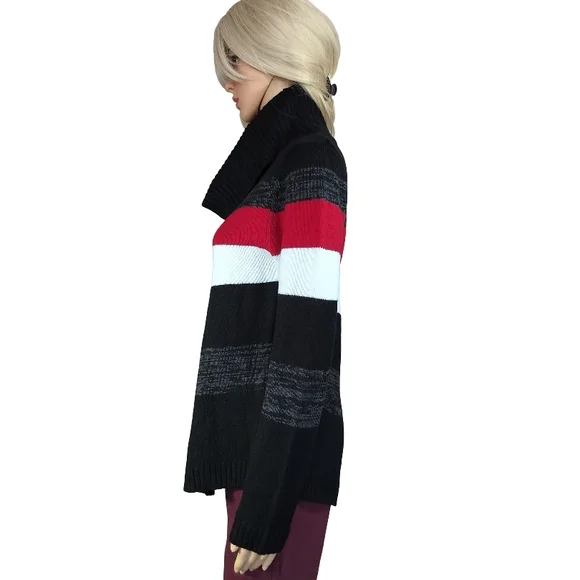 BCX Black, Red, and Gray Striped Cowl Neck Sweater - Picture 3 of 8